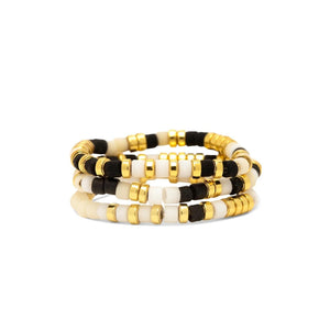 Pura Vida Pura Vida Mixed Beads Gold Stretch Ring 3 Set Monochrome