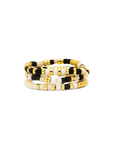 Pura Vida Pura Vida Mixed Beads Gold Stretch Ring 3 Set Monochrome