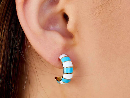 Pura Vida Pura Vida Striped Enamel Gold Hoop Earring Blue/White
