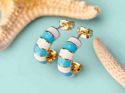 Pura Vida Pura Vida Striped Enamel Gold Hoop Earring Blue/White