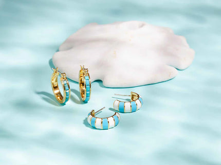 Pura Vida Pura Vida Striped Enamel Gold Hoop Earring Blue/White