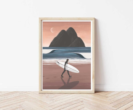 StudioTrev Trevor Humphres Surfer With Mountainious Backdrop Poster